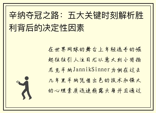辛纳夺冠之路:五大关键时刻解析胜利背后的决定性因素 辛纳夺冠之路:五大关键时刻解析胜利背后的决定性因素